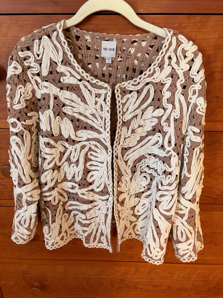 Nic+Zoe Taupe Crochet Openwork Cardigan With Cream Accents